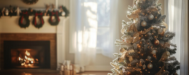 A festive living room displays a decorated Christmas tree with golden accents, while a warm fire crackles in the fireplace, creating a cozy atmosphere.