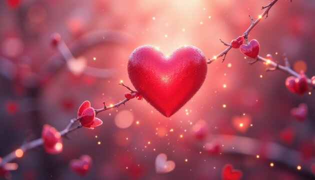 A captivating Valentine's Day banner with a glowing red heart set against a rich red background adorned with sparkling elements, perfect for personalized text.