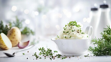  A close-up of a mashed potato bowl with parsley and a milk bottle in the background
