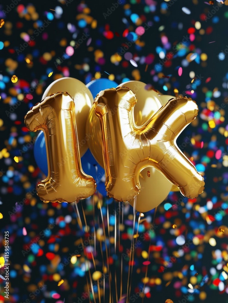 Aufkleber celebrate 1,000 subscribers with golden foil balloons and colorful confetti in a joyful setting. gen