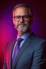 Executive man portrait showcasing confidence in a vibrant setting with dramatic lighting