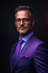 Portrait of a powerful executive man in a striking purple suit against a dark background