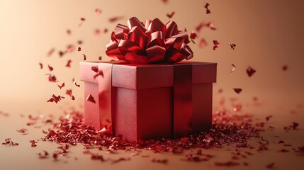 Red Gift Box with Ribbon and Hearts for Valentine's Day