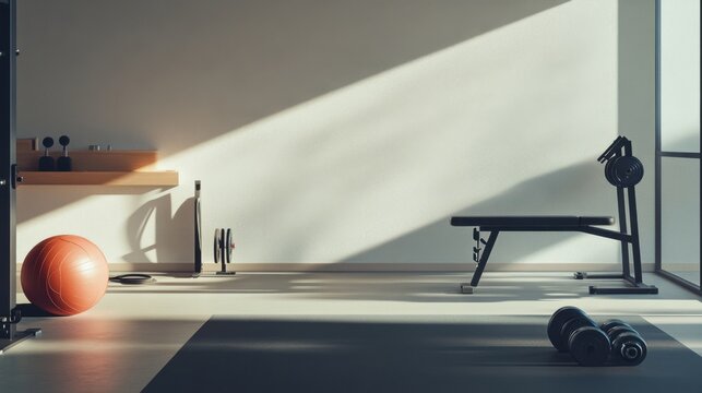 Elegant minimalist workout space with minimal decor. Featuring clean lines and a functional layout