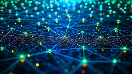 An abstract digital network with glowing interconnected nodes, neon blue and green hues, soft ethereal lighting illuminating the lines and connections, futuristic and dynamic feel, high-tech