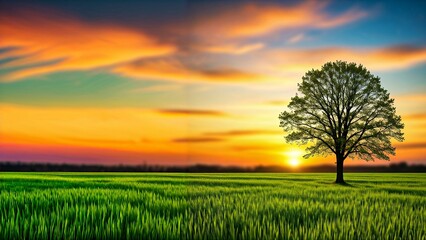Fototapeta premium Serene Sunset over a Lush Green Field. A picturesque landscape featuring a vibrant sunset over a field of lush green crops.