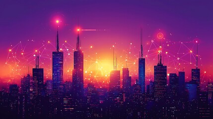 A vibrant cityscape at dusk, with illuminated communication towers and digital signals flowing across the skyline, soft purple and orange lighting blending into the night sky, sense of global