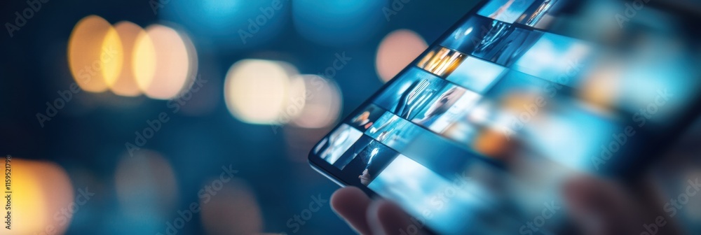 Aufkleber Smartphone displays a lively social media feed with various posts and updates in a vibrant setting during the evening. Generative AI
