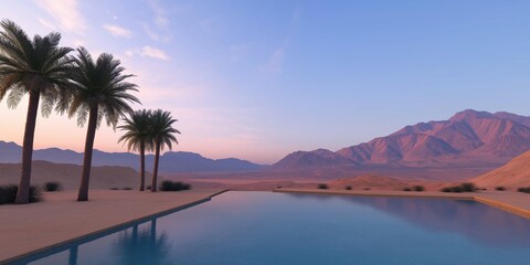 A beautiful view of a pool with palm trees in the background. The pool is surrounded by a sandy beach and the mountains in the distance. The sky is a mix of orange and blue, creating a serene
