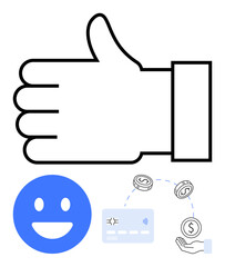 Thumbs up for approval, smiling face emotion for happiness, and icons of a credit card transaction. Ideal for business success, customer satisfaction, financial services, positive feedback, online