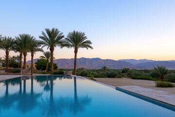 Fototapeta premium A pool with palm trees in the background. The pool is surrounded by a sandy area and the sky is blue