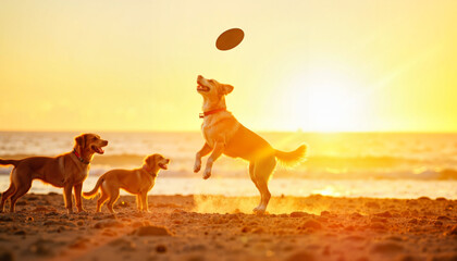 Dog leaping to catch frisbee at sunset beach, joyful playfulness