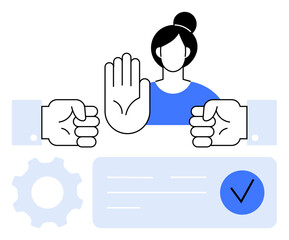Woman as mediator with hands raised to stop conflict between two participants. Ideal for conflict resolution, negotiation, communication, teamwork, mediation, leadership, and management. Line
