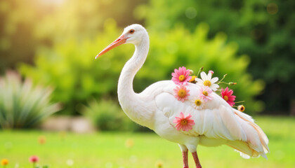 Fototapeta premium Elegant white crane adorned with flowers in tranquil garden, beauty