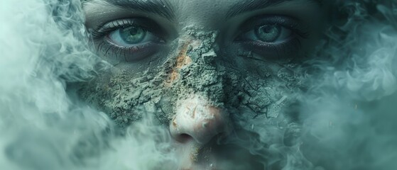 Mysterious Woman Smoky Face Crumbling Skin Fear Anxiety 8K Image