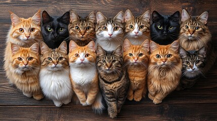 Fototapeta premium Diverse group of cats with various fur patterns sitting on wooden floor