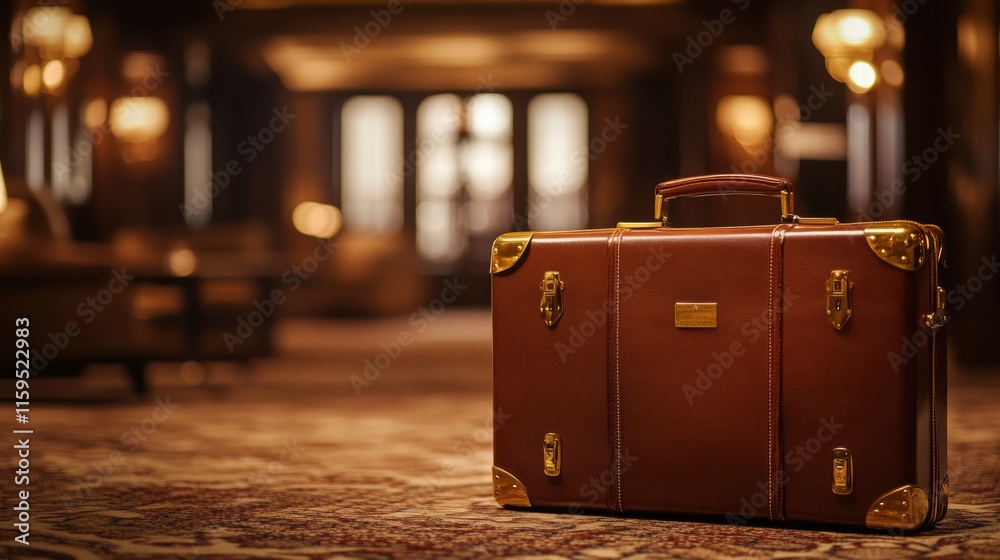 Aufkleber luxurious leather suitcase with golden hardware placed in an elegant hotel lobby during evening hour