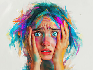 Emotional Woman in Colors Expressing anxiety disorder through Vivid and Surreal Artistic Depictions