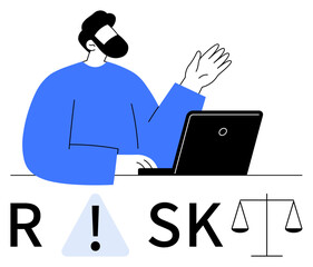 Male professional using a laptop, waving with his left hand. Text RISK with a warning sign and scales. Ideal for business decisions, risk management, safety protocols, financial planning, strategic