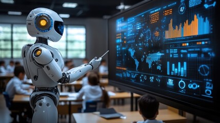 Fototapeta premium Futuristic classroom with robot teacher and schoolchildren learning technology