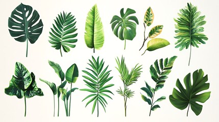 Green Leaf Collection: Artistic Watercolor and Detailed Digital Illustrations Featuring Clovers, Tropical Leaves, Falling Foliage, and Textured Dry Leaves - Perfect for Nature-Themed Designs and Decor