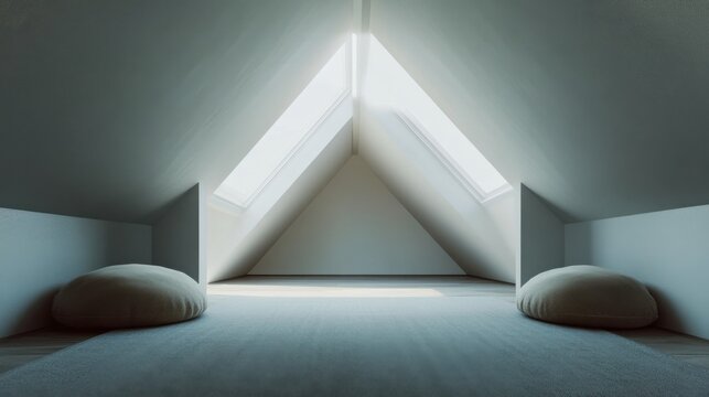 Modern minimalist attic space with minimal decor. Featuring clean lines and a versatile layout