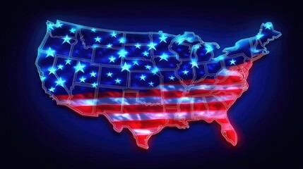 Obraz premium Glowing usa map with stars and stripes in neon colors Happy 4th of July, Independence Day USA