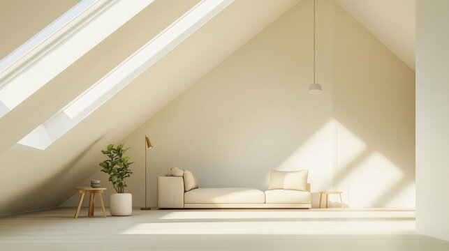 Modern minimalist attic space with minimal decor. Featuring clean lines and an adaptable layout