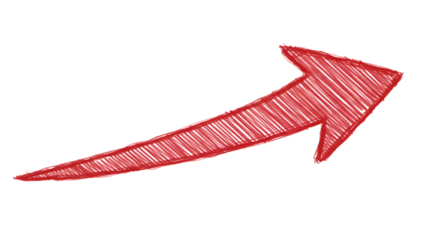 red hand drawn pencil arrow, textured scribble line design isolated on white or transparent png