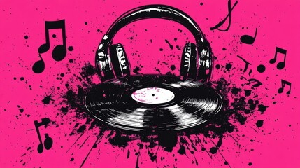 Vibrant music theme with headphones and vinyl record on pink background