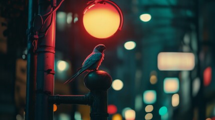 Fototapeta na wymiar Exotic bird with neon feathers glowing in a cyberpunk city, perched on a futuristic street lamp generative ai