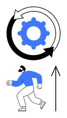 Man running towards an upward arrow and a gear surrounded by circular arrows suggesting continuous improvement. Ideal for themes of progress, growth, development, motivation, continuous improvement