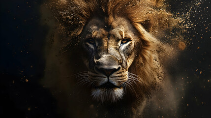 Lion painted with splash technique as a majestic predator