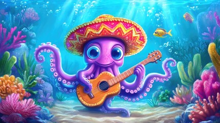 Colorful octopus wearing sombrero playing guitar underwater with fish and coral Happy Cinco de mayo