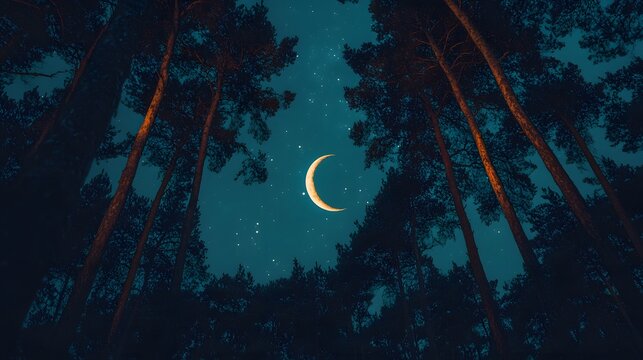 Crescent Moon Night Sky Above Tall Pine Forest Trees