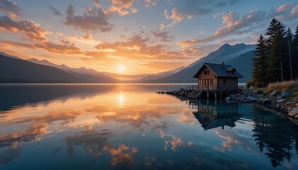 Fototapeta premium Lakeside Cabin Sunset Mountain Reflections
