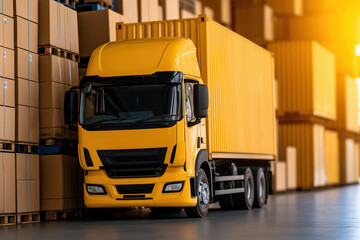 Yellow truck loading goods in a warehouse during afternoon light
