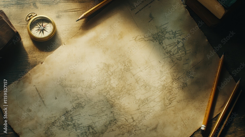 Fototapete vintage map and compass with pencil provide perfect backdrop for creative exploration and storytelli