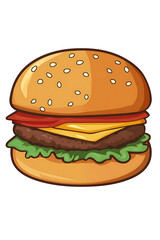 A cartoon-style cheeseburger with lettuce, tomato, and a sesame seed bun.