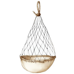 Obraz premium simple watercolor illustration of a cute little A fishing net woven with hemp rope hung on the white wall, a large one, narrow at the top and spread at the bottom,