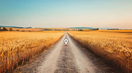 Fototapeta premium GPS location pin symbol on a rural dirt road, surrounded by golden wheat fields under a clear blue sky, natural and organic lighting, impressionist art style