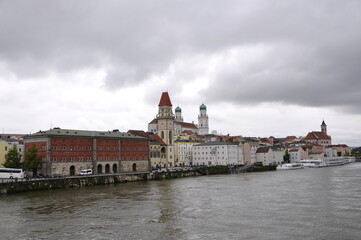  Panoramic view of Passau. Aerial skyline of old town with beautiful Danube river, Bavaria, Germany.
