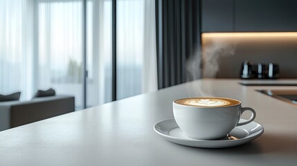 Fototapeta premium Steaming cup of cappuccino on modern kitchen counter.