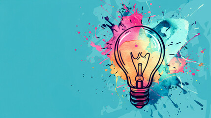 Abstract light blue background with a lightbulb and colorful paint, representing creative explosion.