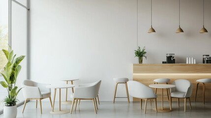 Modern minimalist coffee shop design with minimal decor. Featuring a clean, open layout with contemporary lines