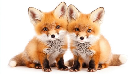 Obraz premium Adorable twin red fox kits sitting together on white background. The 14th of February. Happy Valentine's Day