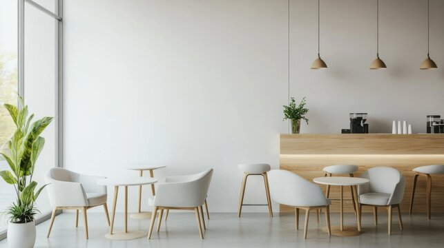 Modern minimalist coffee shop design with minimal decor. Featuring a clean, open layout with contemporary lines