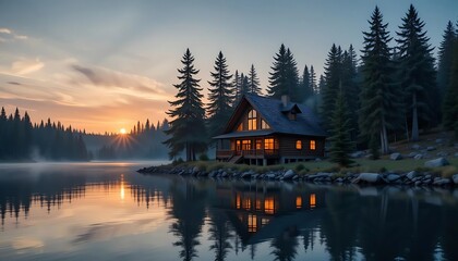 Obraz premium Lakeside Cabin Sunset Peaceful Forest Retreat