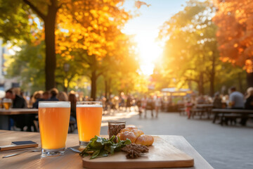Enjoying drinks and food on a sunny autumn day in a vibrant outdoor setting