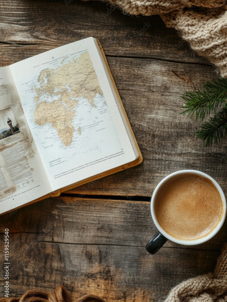 Leinwandbilder enjoying coffee and exploring a travel guide in a cozy setting for inspiration. generative ai
